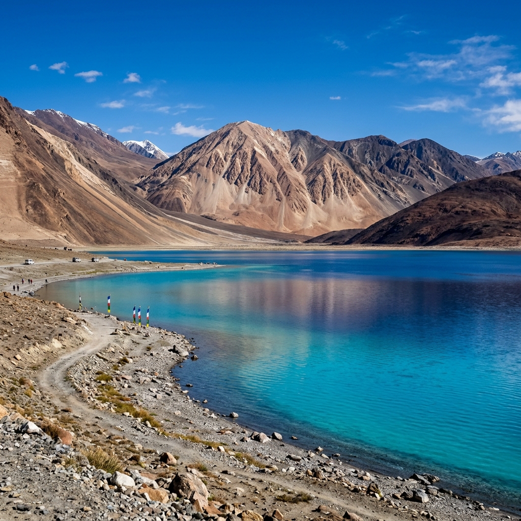Pangong Lake in Ladakh with high altitude mountain desert