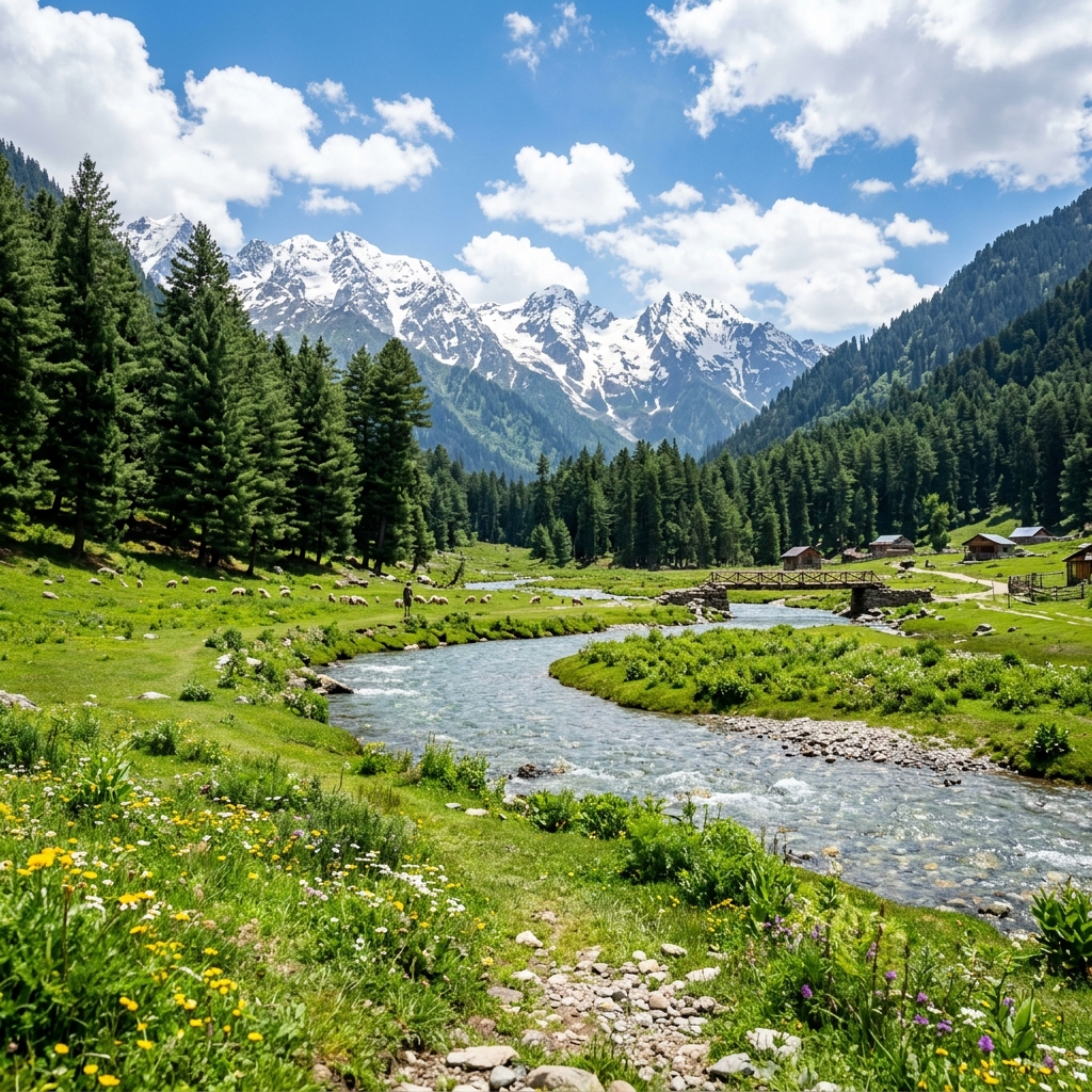 Pahalgam Betaab Valley river and pine forest landscape