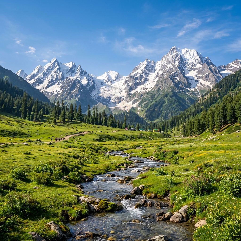 Sonamarg Kashmir meadow of gold with glaciers and Himalayan peaks