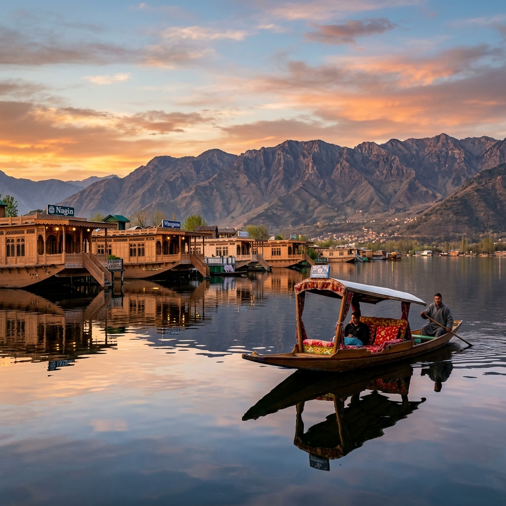 Srinagar Dal Lake at sunset with houseboats and Zabarwan mountains