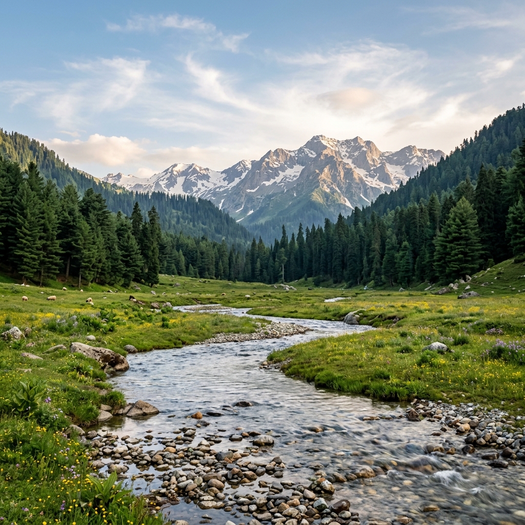 Yusmarg alpine meadow with pine forests and Doodh Ganga stream